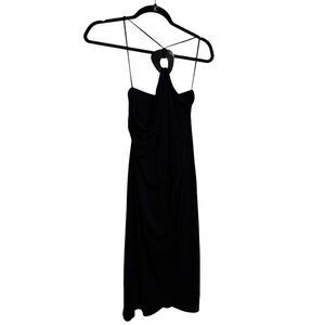 BCBGMaxAzria Black Halter Midi Dress – Size Large, Open Back with Ring Detail